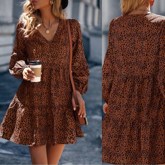 Boho Long Lantern Sleeve print Smock Dress - Picture 2 of 3